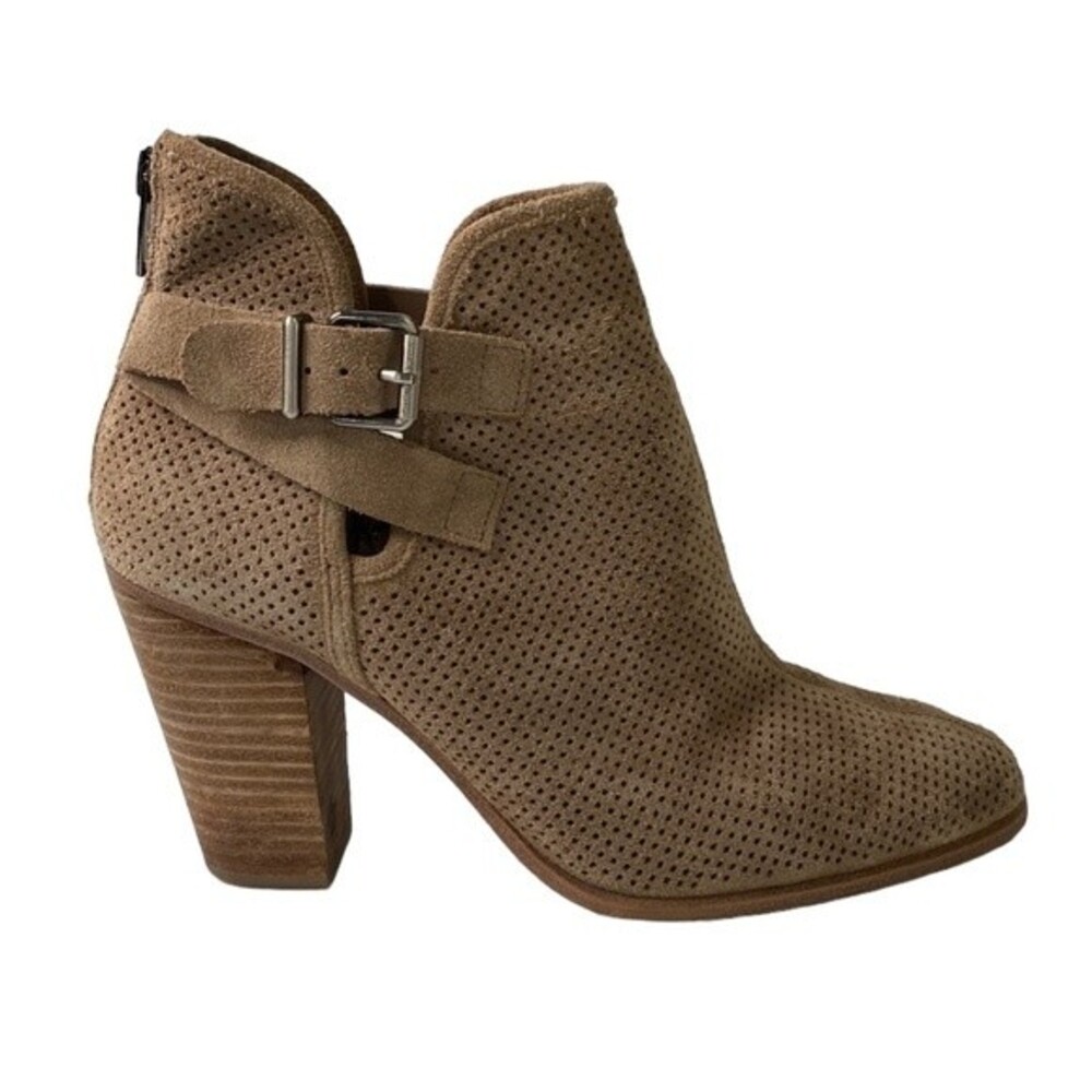 Vince Camuto Fanchon Suede Perforated Tan Ankle Boot Bootie Block Heel Buckle